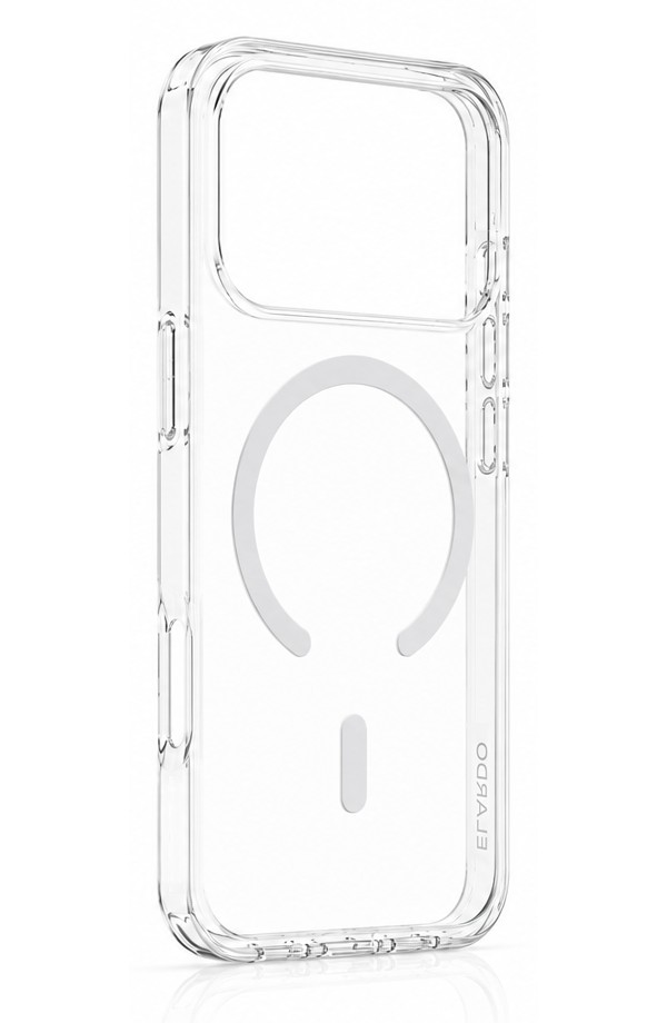 ELARDO clear MagSafe case, three-quarter view