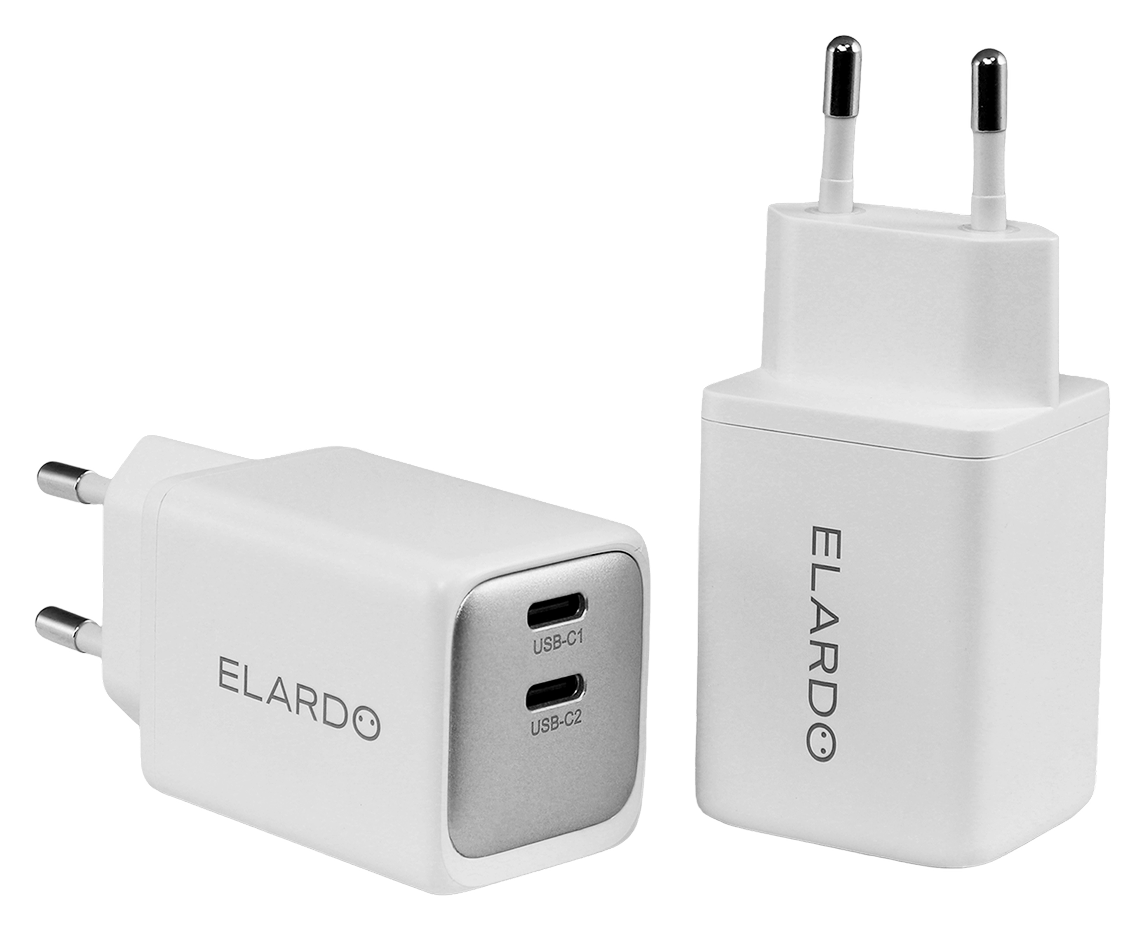 Two white ELARDO dual USB-C chargers