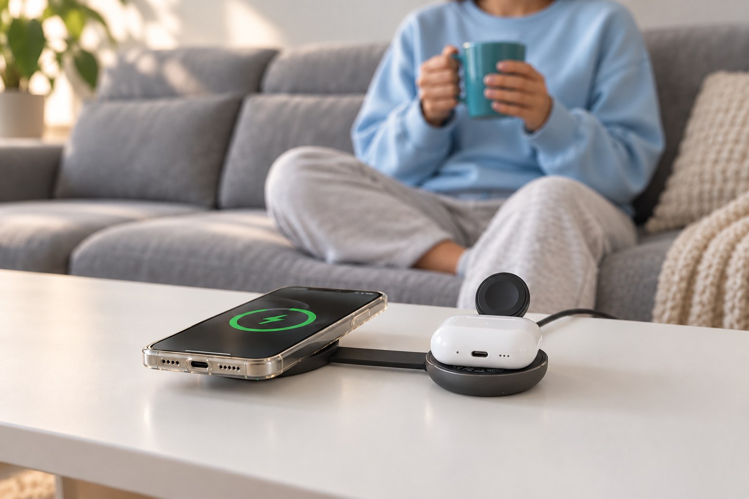 ELARDO 3-in-1 charger on a living-room coffee table charging a phone and earbuds