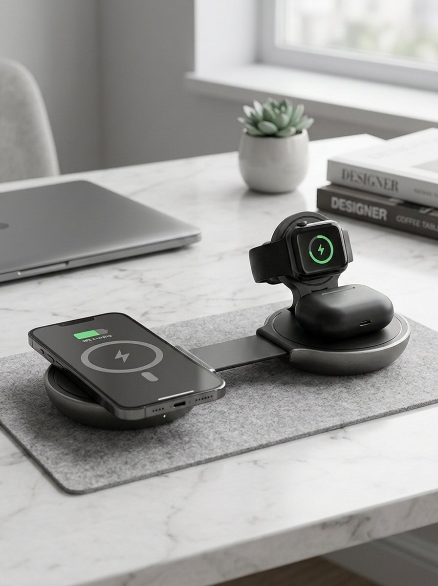 ELARDO 3-in-1 charger on a marble desk with phone, watch and earbuds