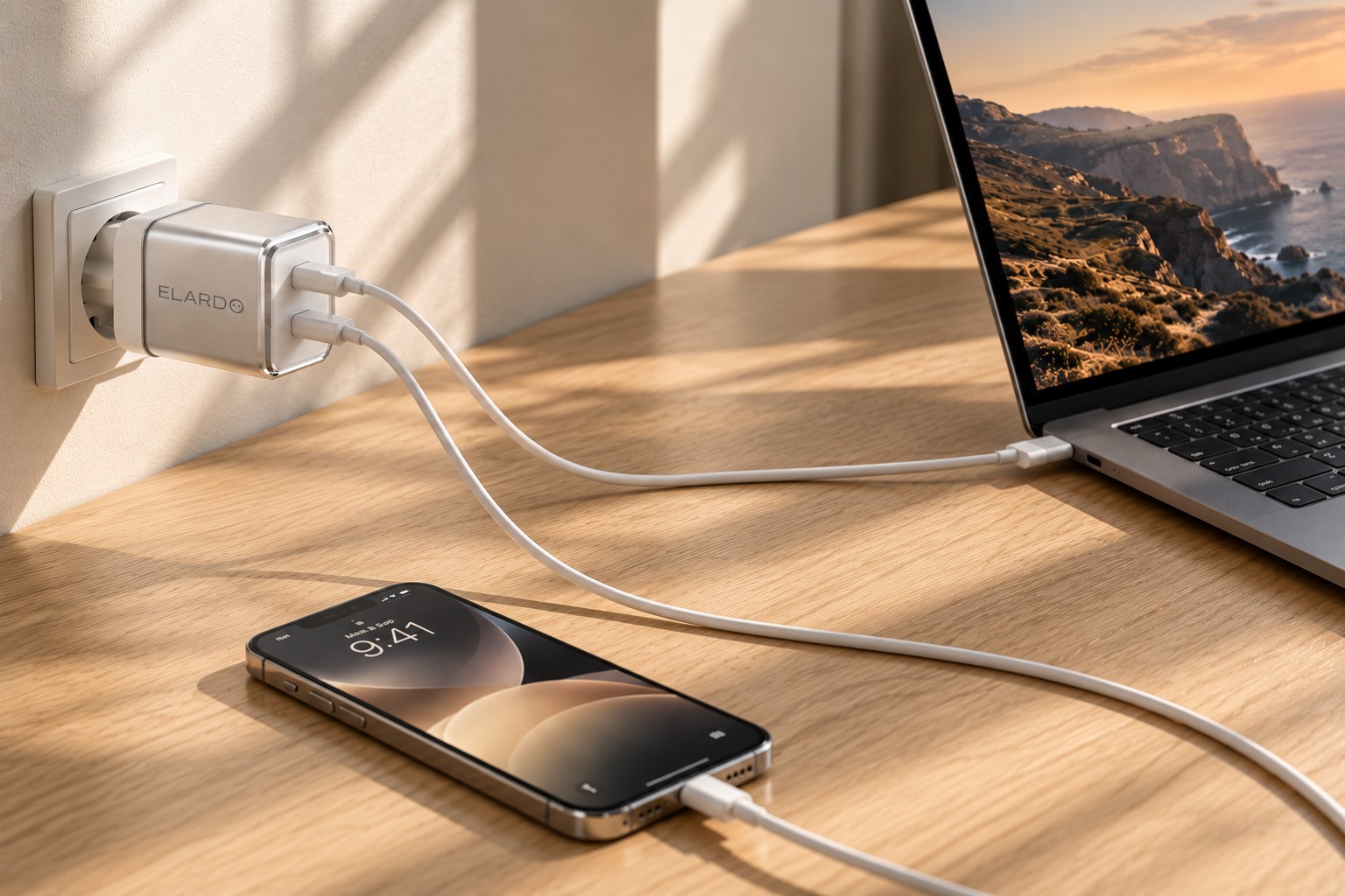 ELARDO 67W charger powering a laptop and a phone on a light oak desk