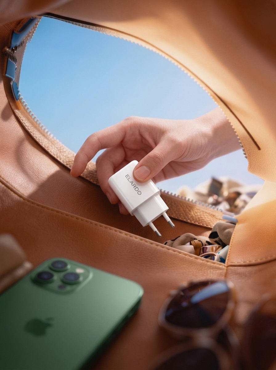 Hand placing an ELARDO charger into a leather bag