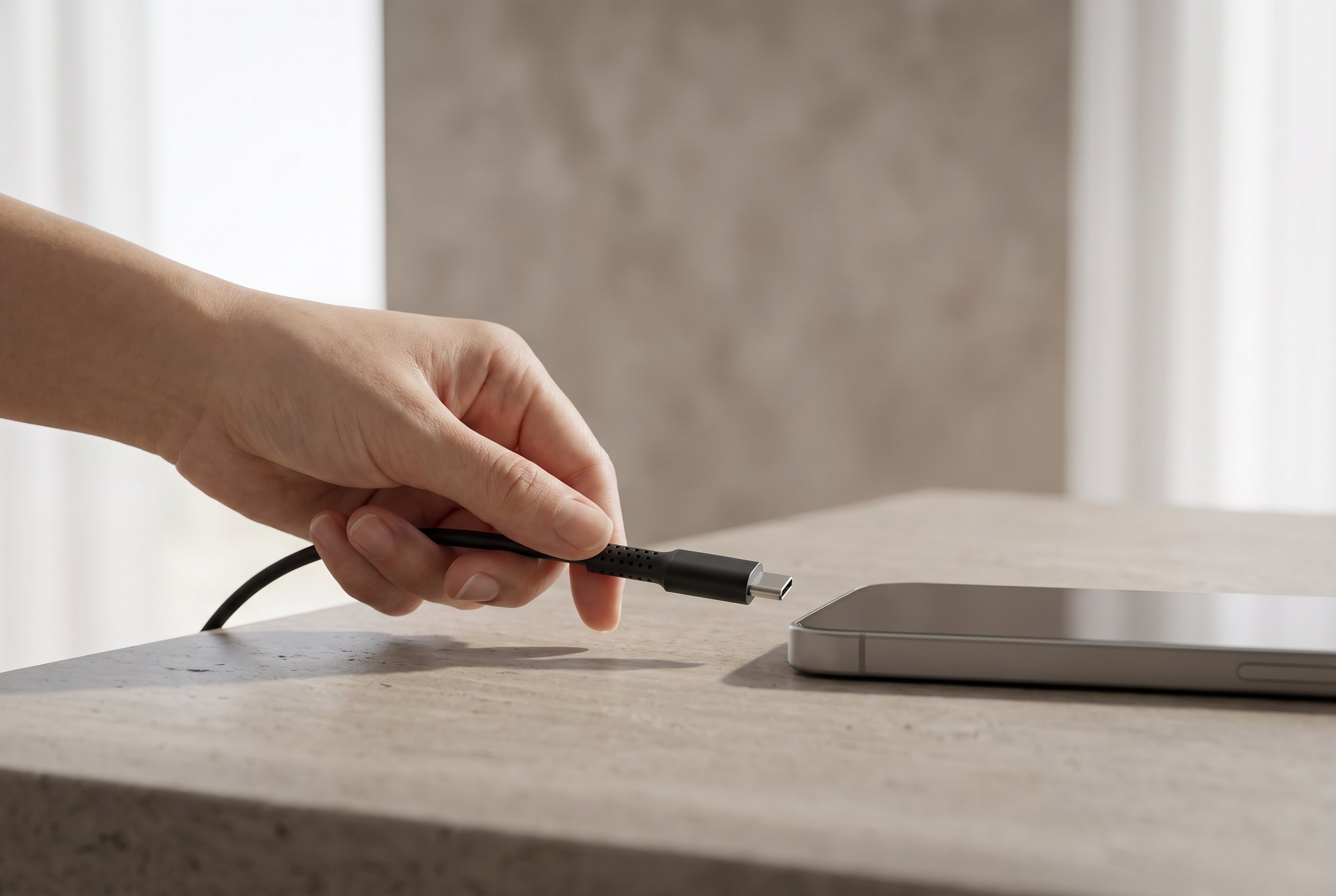Hand plugging a black ELARDO USB-C cable into a phone on a stone table