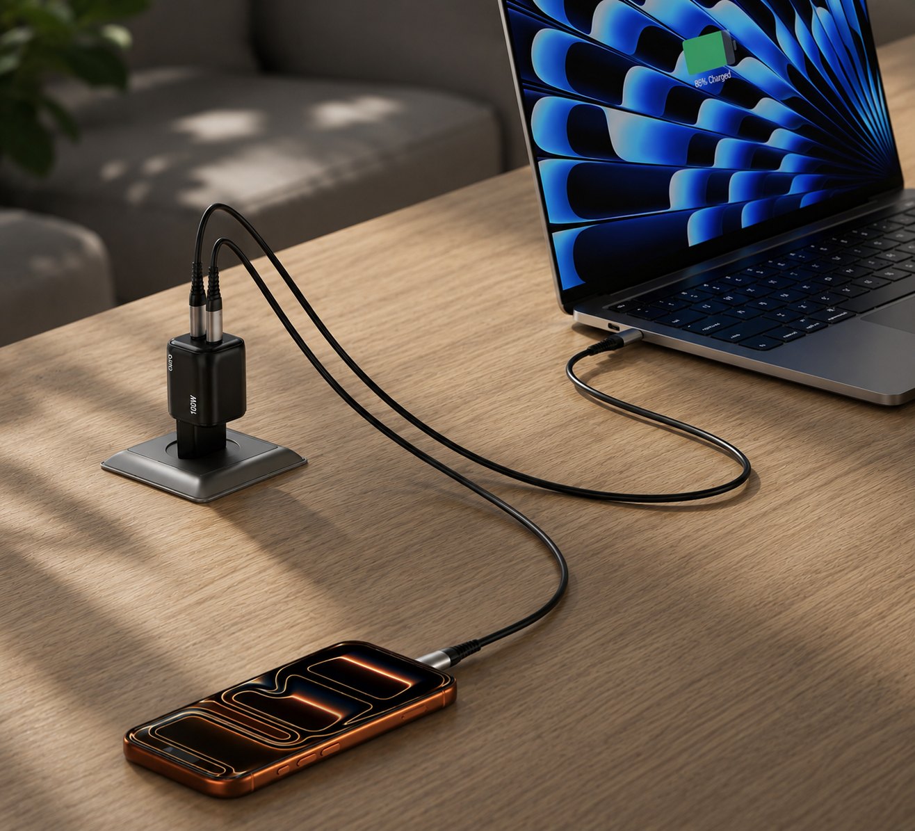 Charger powering a laptop and phone on a wooden desk