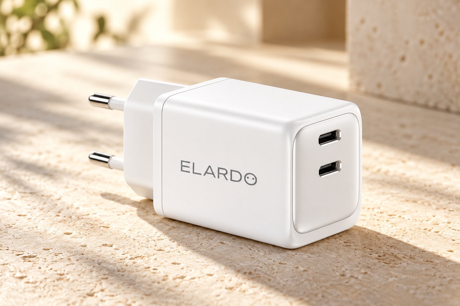 White ELARDO dual USB-C charger on a travertine surface in warm sunlight