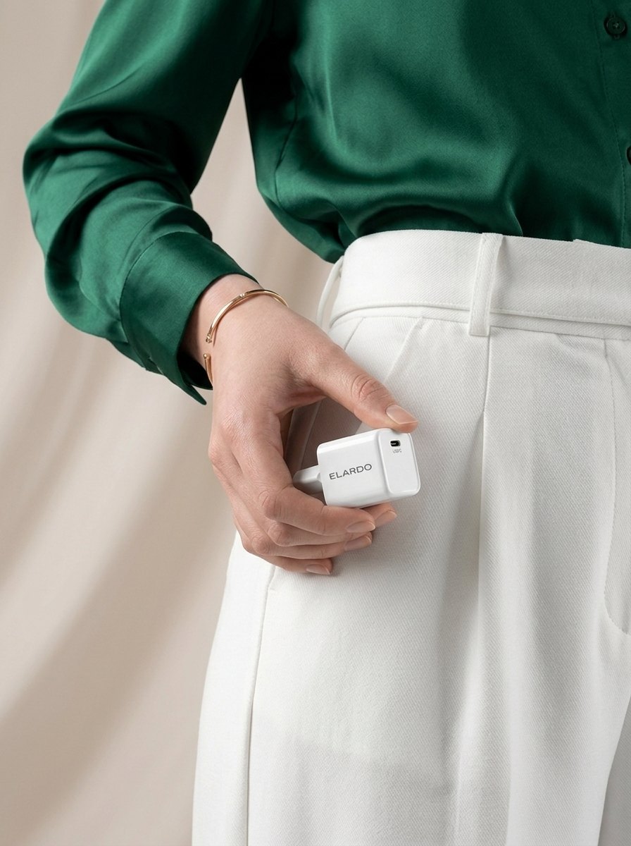 Hand slipping a compact ELARDO charger into a trouser pocket