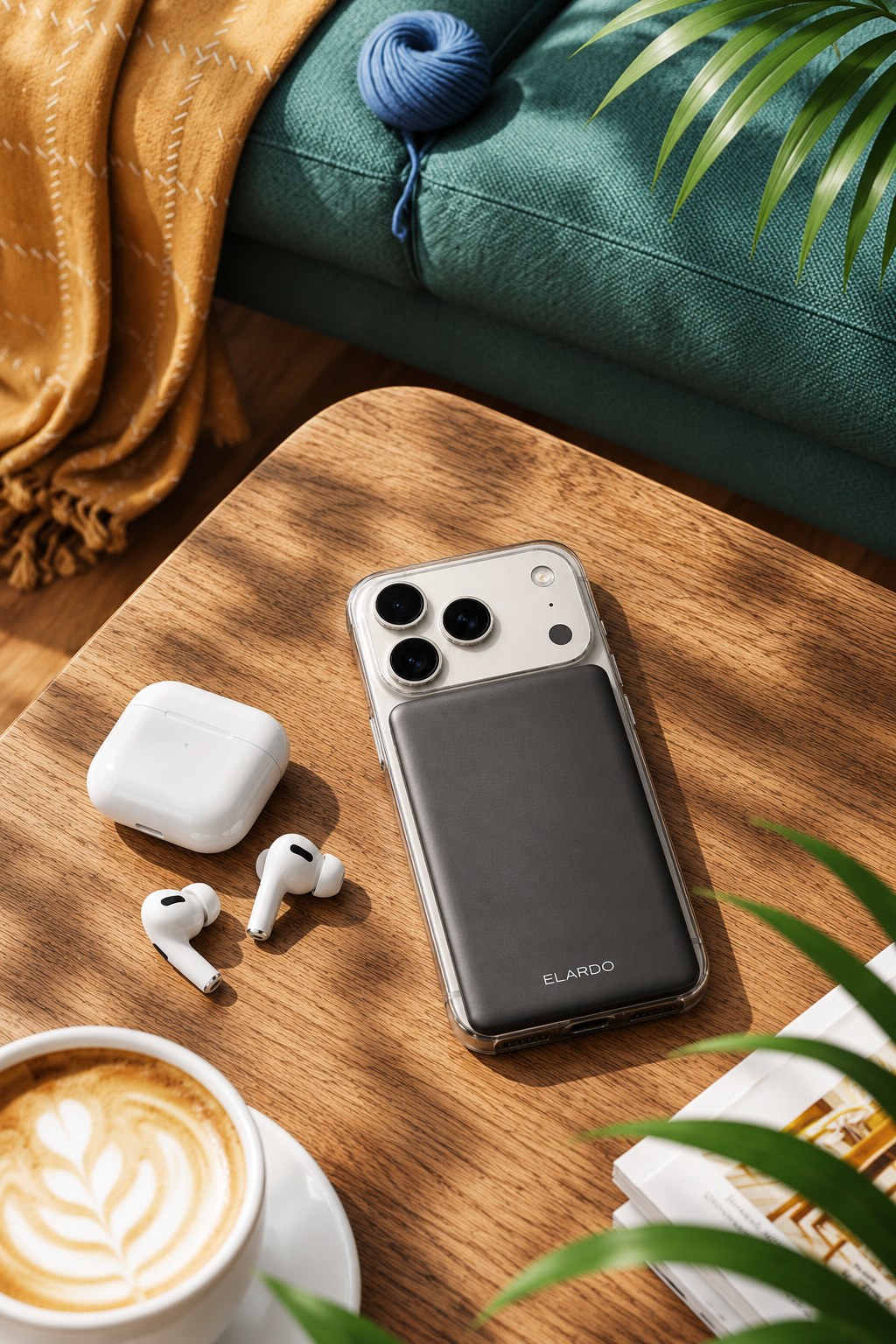 Graphite ELARDO Slim Powerbank on an iPhone, on a wooden table with earbuds and coffee