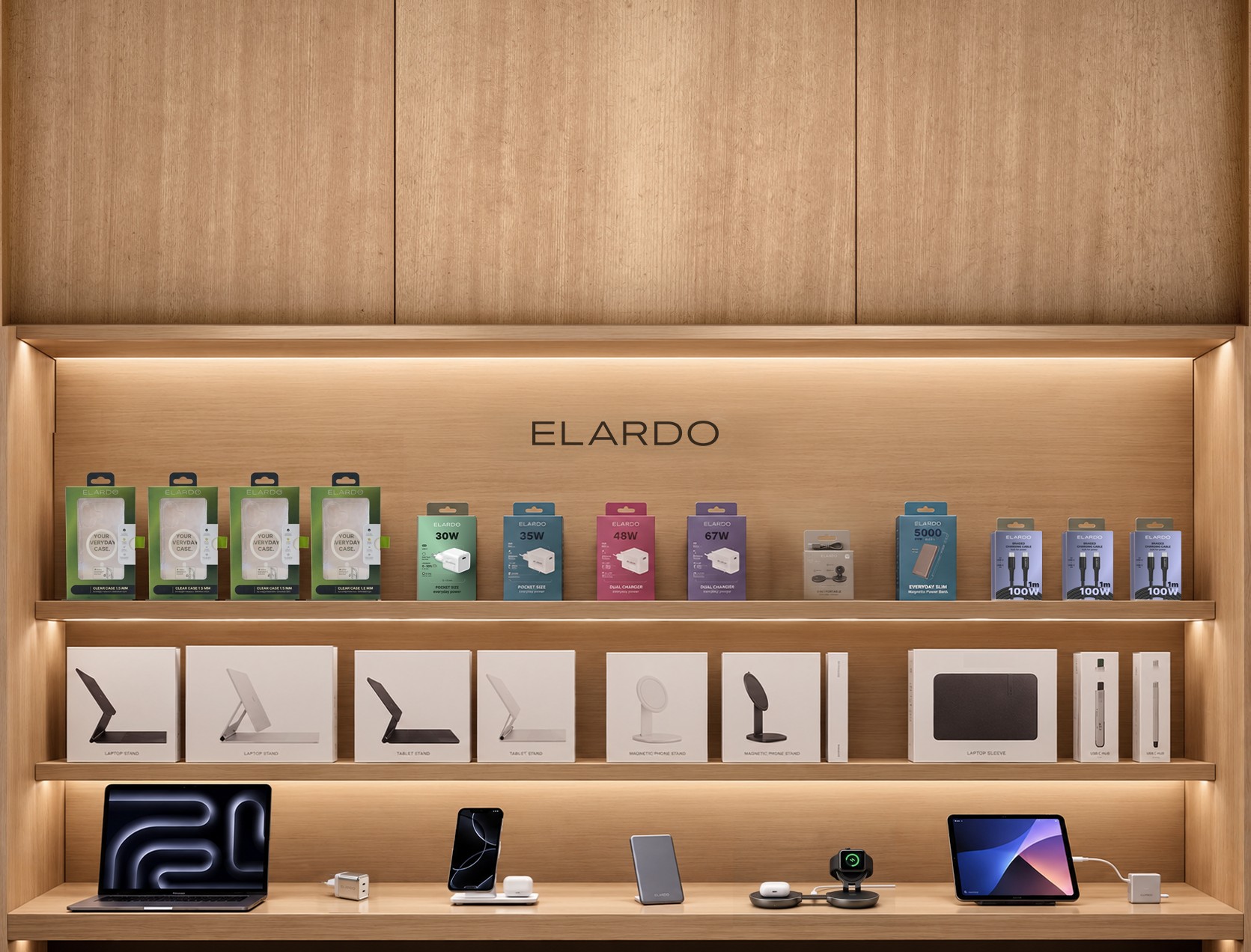 ELARDO retail shelf with cases, chargers, power banks and cables on lit oak shelves